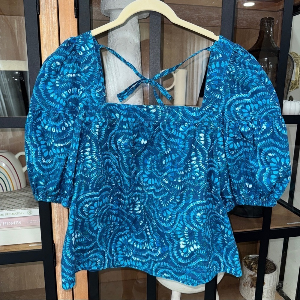 Marie Oliver blouse top square neck short puff sleeves tie back print hunterbell